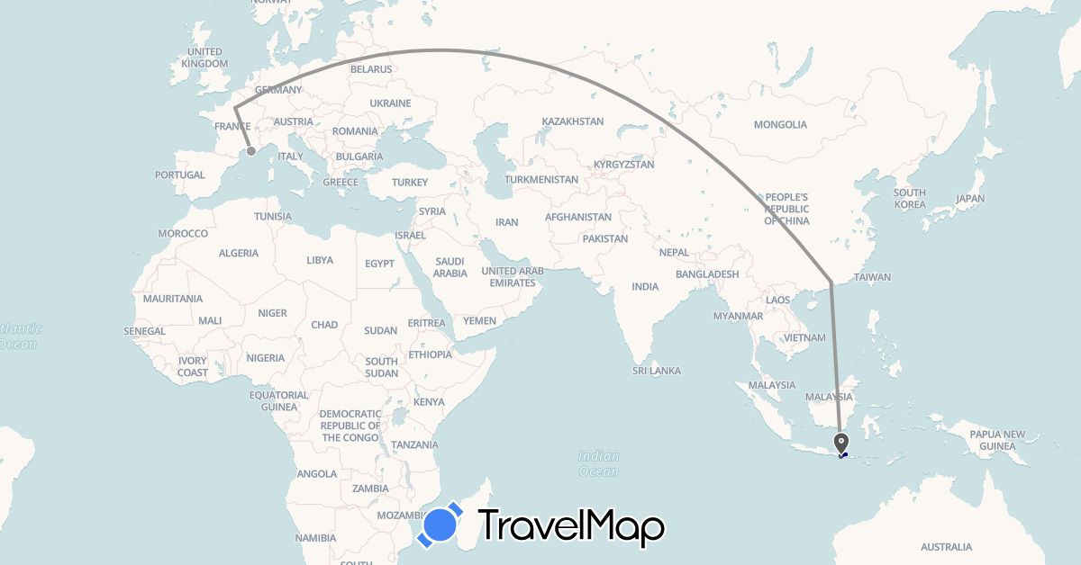 TravelMap itinerary: driving, plane, hiking, motorbike in France, Indonesia (Asia, Europe)
